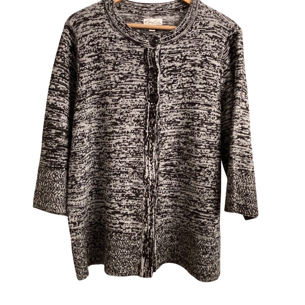 Kim Rogers Woman Black White Speckled Knit Button Front Cardigan Sweater 1X‎